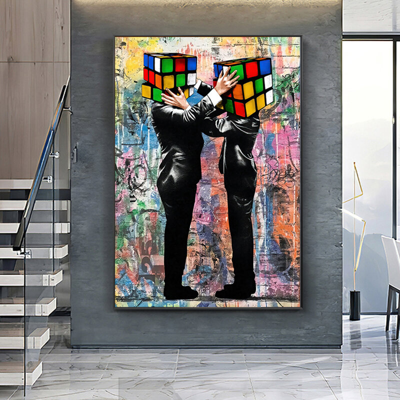 Grafiti Modern Abstrak Kepala Kubus Rubik Lukisan Kanvas dan Poster Cetakan Gambar Seni Dinding untuk Ruang Tamu Dekorasi Rumah