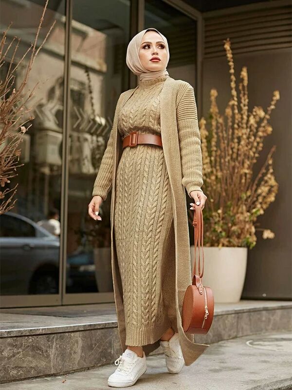 Gaun Wanita Musim Baru Musim Gugur Musim Dingin 2 Potong Pakaian Rajut Hijab Pakaian Muslim Islam Model Kardigan Panjang Buatan Turki