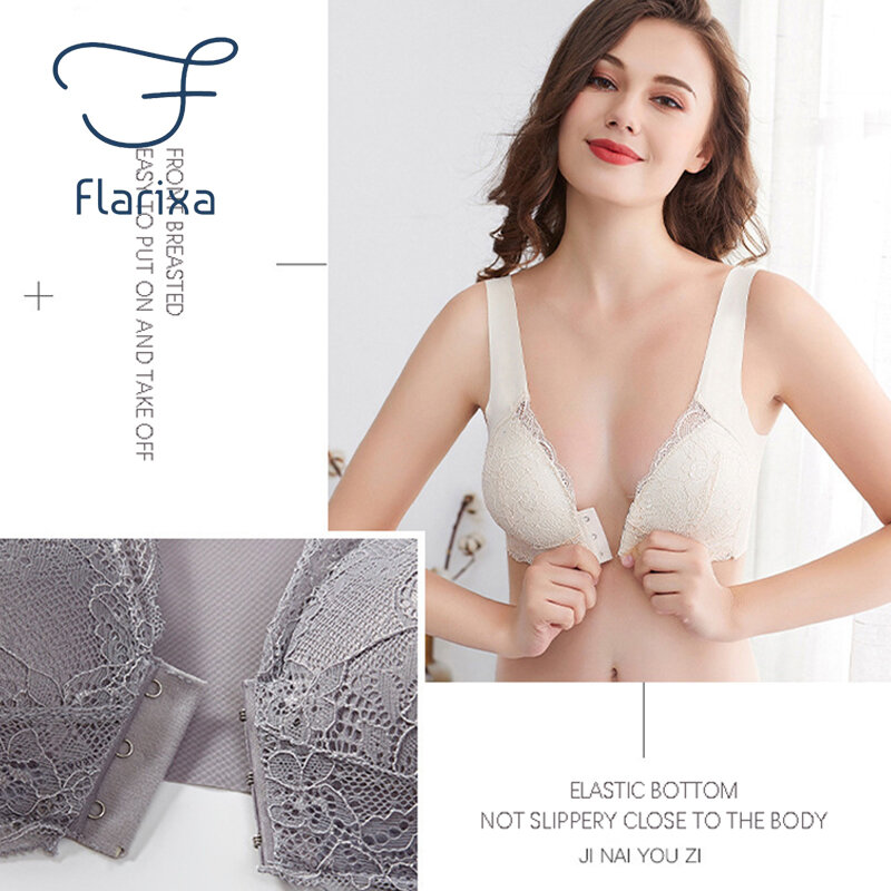 Flarixa 2PCS Sexy Front Buckle Bra Women's Lace Underwear Push Up Bras Without Bones Seamless Invisible Backless Bralette Thin