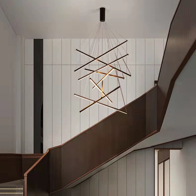 الحديثة الأسود درج الثريا بسيطة الإبداعية دوبلكس بناء الشاهقة فارغة غرفة المعيشة قاعة شخصية طويلة LED خط مصباح