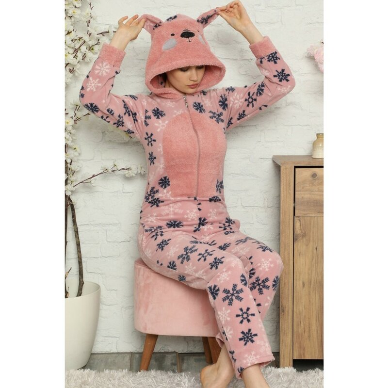 Conjunto de pijama con estampado de copo de nieve para mujer, conjunto de ropa de dormir con forro polar de felpa para invierno, otoño y primavera, moda elegante y moderna, informal con capucha rosa