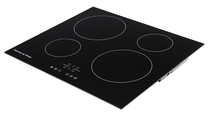 Placas de cozinha com vidro-cerâmica, utensílios domésticos pretos, placa de fogão elétrica com superfície