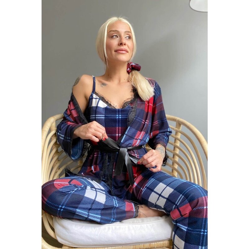 Xadrez impresso sabahlıklı veludo feminino pijamas definir moderno casual design elegante moda primavera outono verão kombini