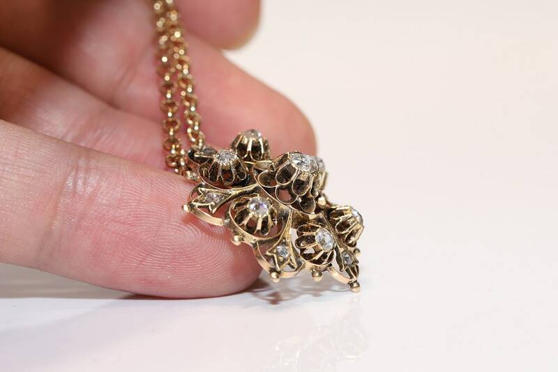 Collar de oro de 14k, Rosa Natural, decorado con diamantes, estilo victoriano, Original