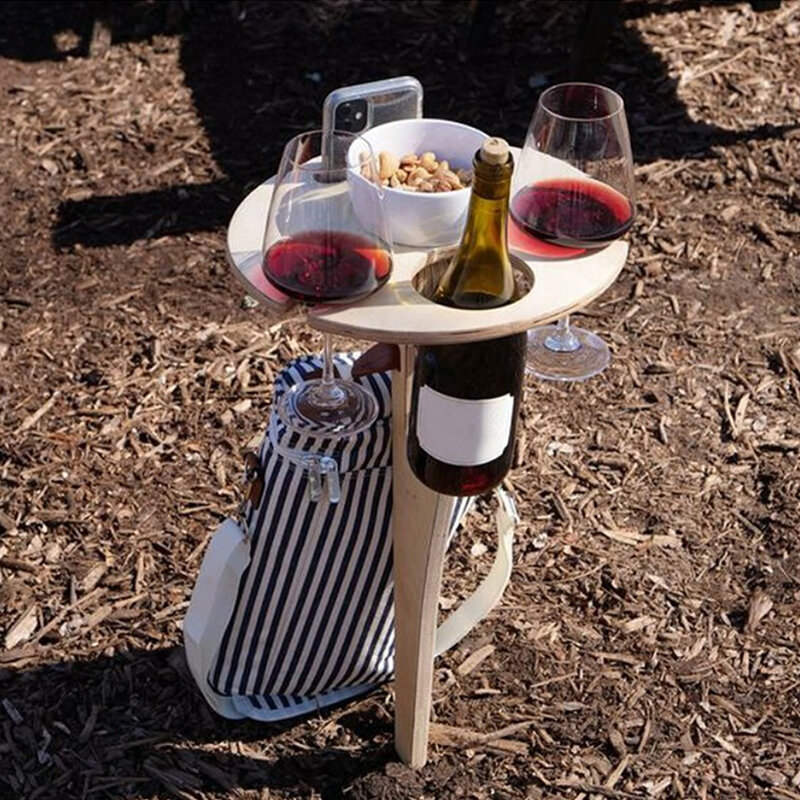في الهواء الطلق طاولة النبيذ مع طوي سطح المكتب مستديرة صغيرة خشبية نزهة الجدول يسهل حملها النبيذ الرف دعم دروبشيبينغ