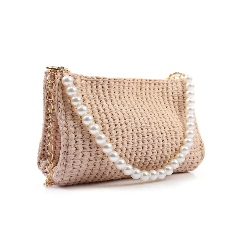 Design ręcznie robiona dzianinowa beżowa torba z perłami