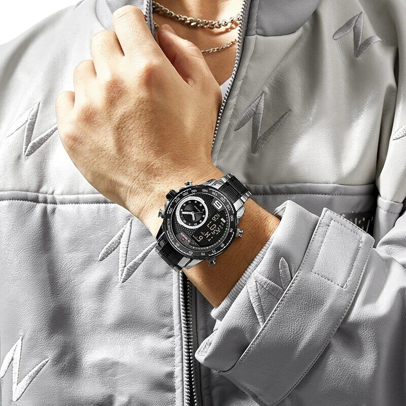 Naviforce-男性用ミリタリー腕時計,防水,多機能,ステンレススチール,デジタルダイヤル
