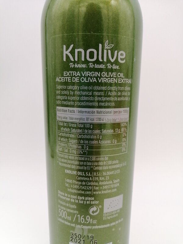 Aceite de oliva virgen extra, envío desde España, Knolive Organic, botella 0,5 litros, organic, premium