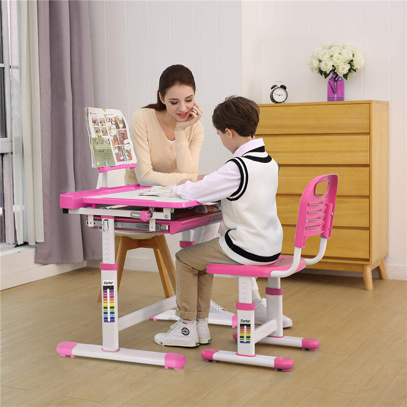 Mesa de estudio ergonómica para niños y niñas, juego de sillas y mesa de estudio con altura ajustable, escritorio de escritura con cajón de almacenamiento