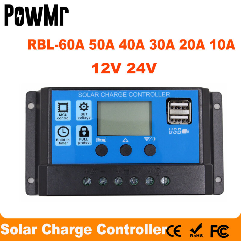 Controlador de carga de batería de Panel Solar automático, regulador de colector Solar LCD con USB Dual, 24V, 12V, 60A, 50A, 40A, 30A, 20A, 10A, venta al por mayor