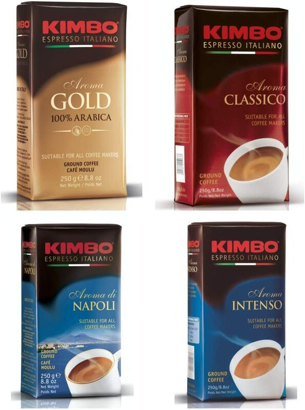 Lot de Café Moulu Kimbo - (6 шт. 250 г) Aroma Naples x2, 100% Arabica Gold x2 Intense Aroma x1 Aroma Classic x1