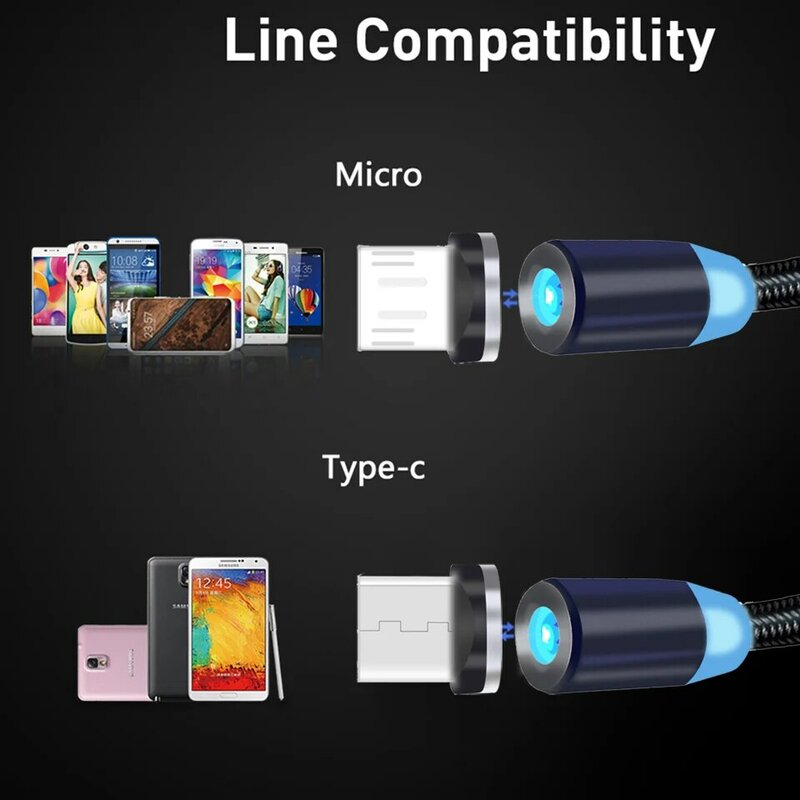 Cavo di ricarica a LED magnetico USB Micro tipo C magnete caricabatterie dati ricarica rapida accessori per telefoni cellulari per Huawei Samsung