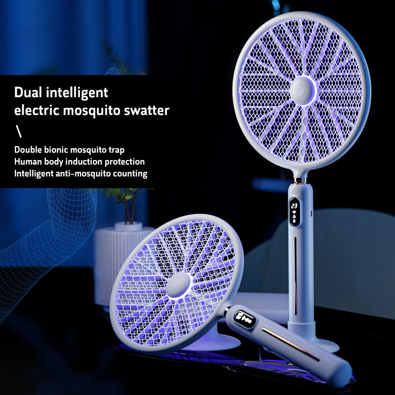 6 In 1 Led Display Smart Elektrische Mug Swatter 3000V Sterke Spanning Insect Killer Menselijk Lichaam Inductie Geen Straling met Ventilator