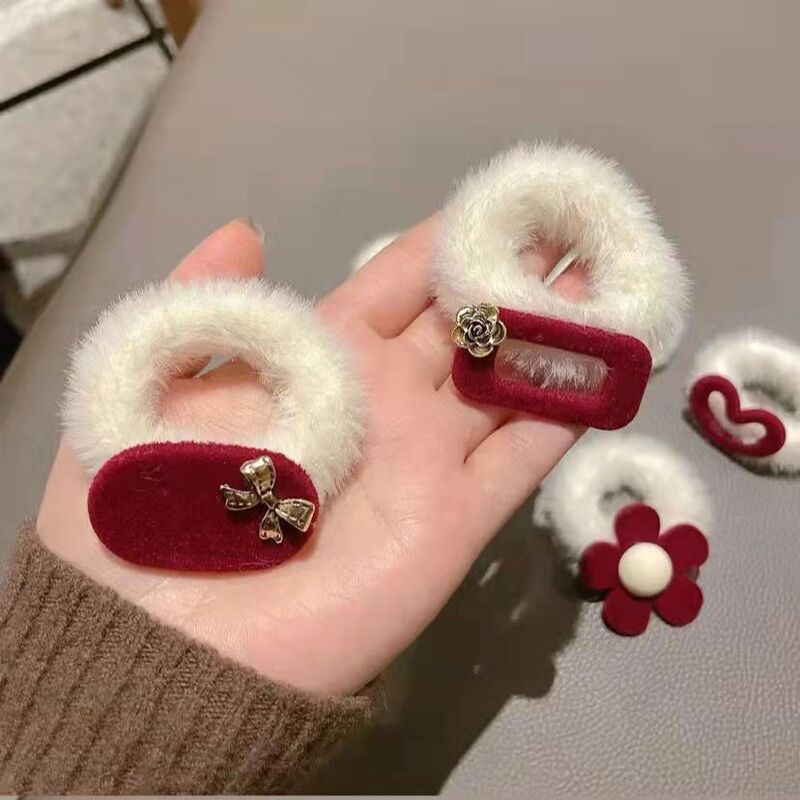 Corde à cheveux rouge en peluche, 7 pièces/ensemble, pour automne et hiver, cercle de cheveux, bande en caoutchouc, accessoires pour cheveux