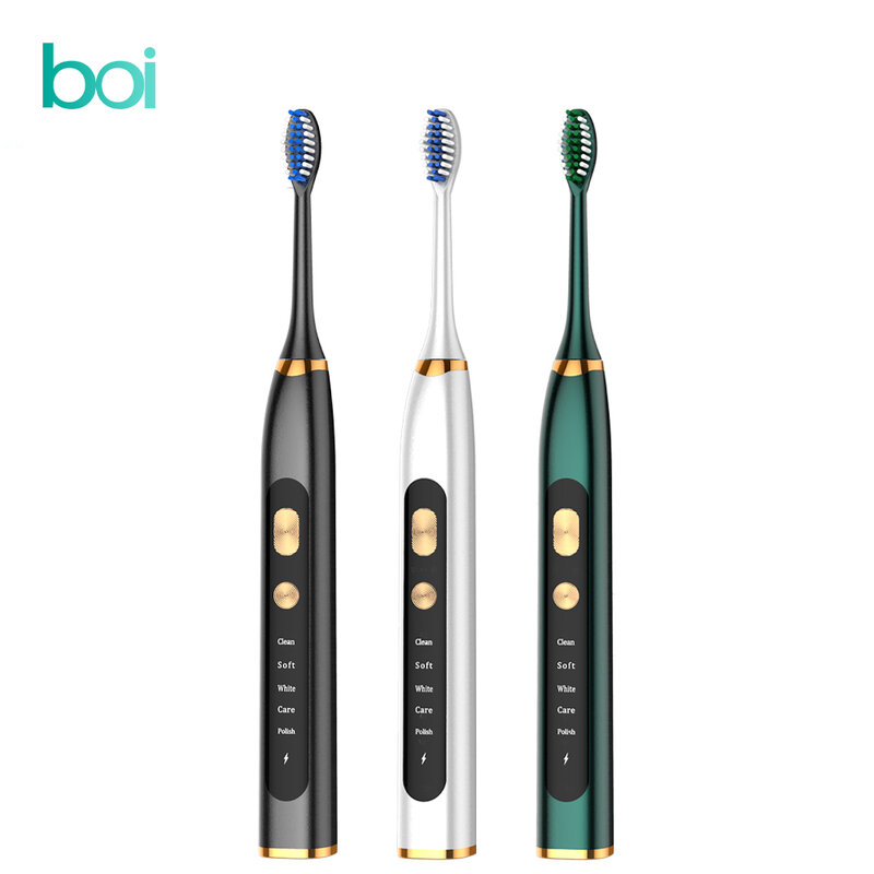 [Boi] IPX7 impermeabile USB ricaricabile 5 modalità denti intelligenti sbiancamento con spazzole testine pulite per spazzolino elettrico sonico per adulti