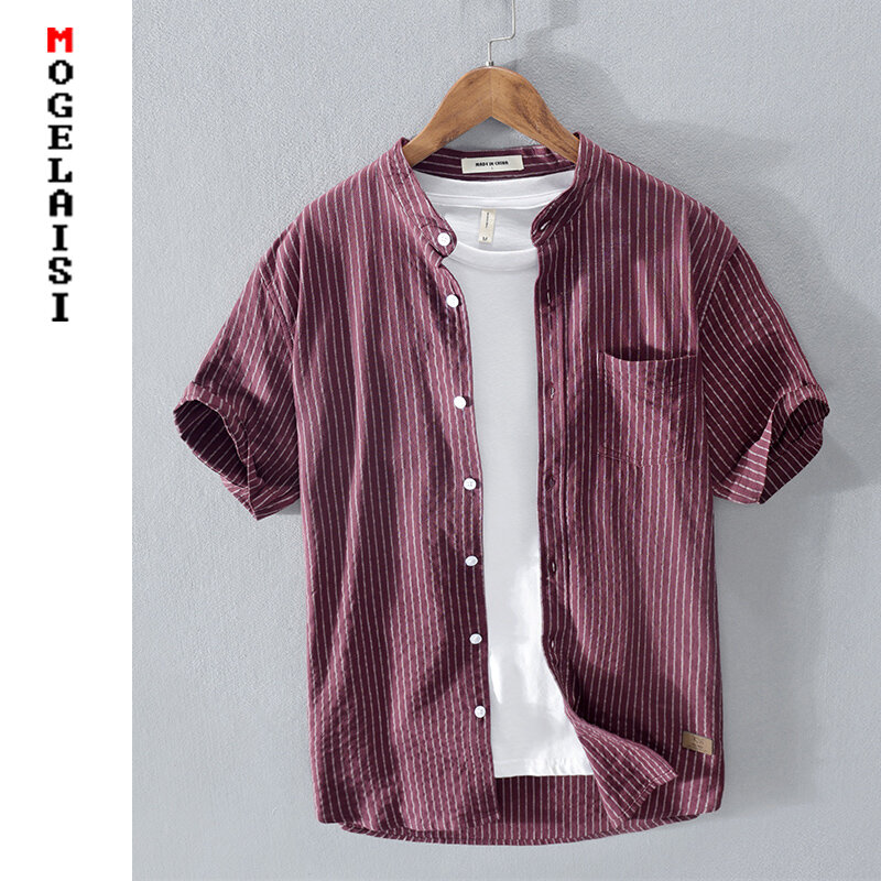 Camisa listrada masculina rc216, verão, respirável, manga curta, 100% algodão, bolso, branca, alta qualidade