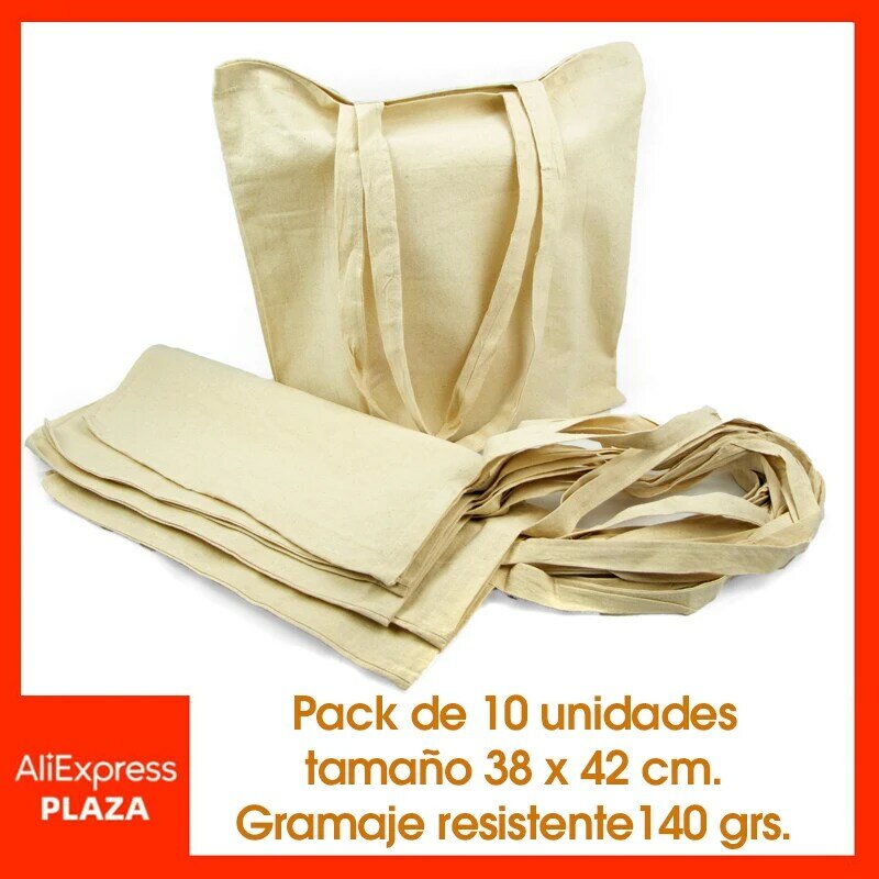 Bag natural cotton long handles. Pack of 10 units. Tam. 41x37 cm. Tote Shopping Bag. Crafts shopping Beach gym