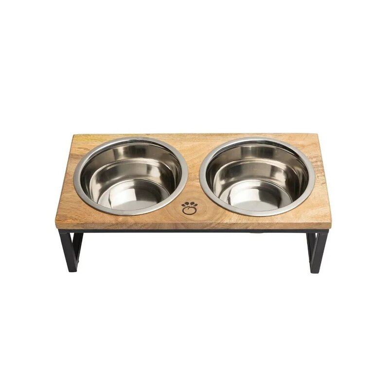 Cão duplo tigelas de madeira aço inoxidável pet prato tigela médio grande grande cão elevado comida alimentadores água mesa gato