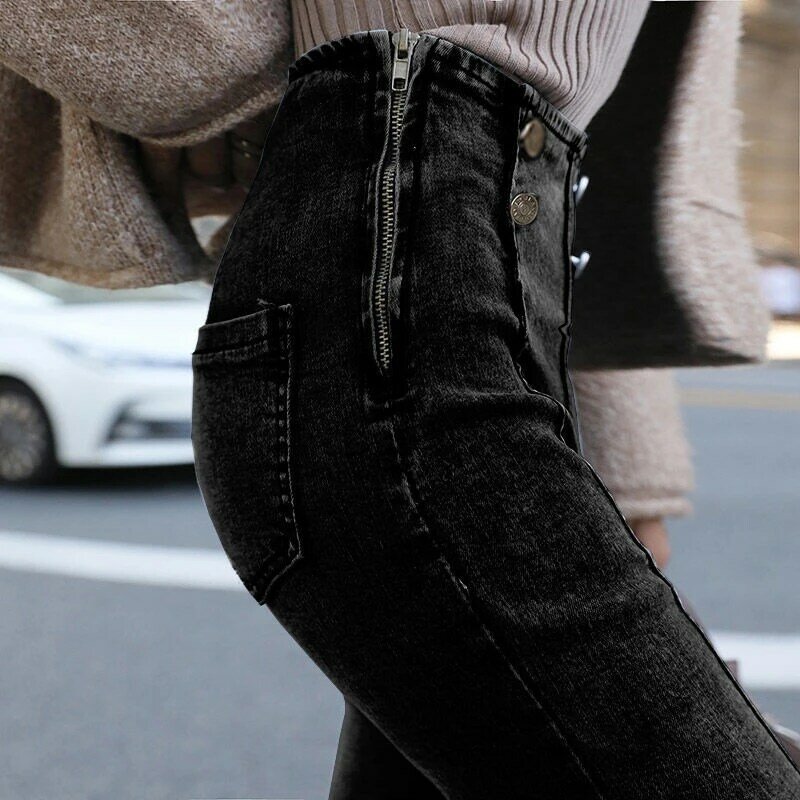 جينز نسائي خريفي بخصر مرتفع ، بنطال ضيق ، جينز ضيق مع بطانة من الصوف وحزام خصر مرن ، جينز غير رسمي
