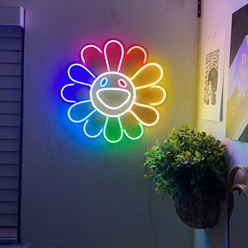 Kwiat Neon, standardowy znak neonowy Neon, zasłony ścienne, wystrój domu ściana biurowa, prezent na parapetówkę, światło neonowe LED, Ins Decor