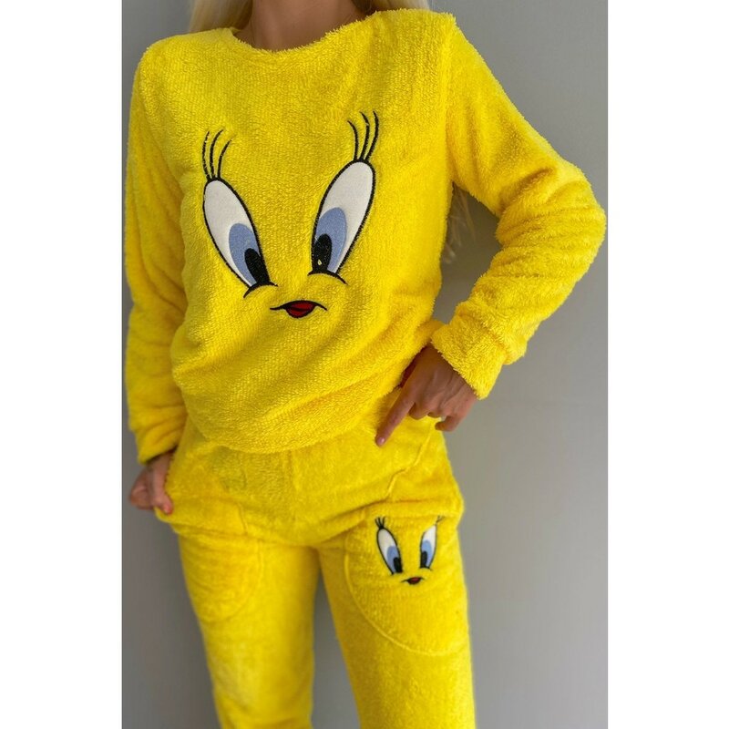 Frauen Gelb Vogel Muster Volle Plüsch Pyjamas eingestellt angenehm weiche strukturierte neue mode stil elegante qualität