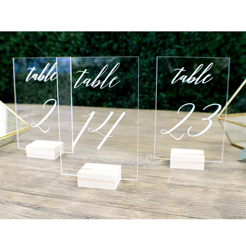 Números de mesa de boda personalizados, con soportes, mesa acrílica de caligrafía, señal de boda, soporte de madera transparente para números