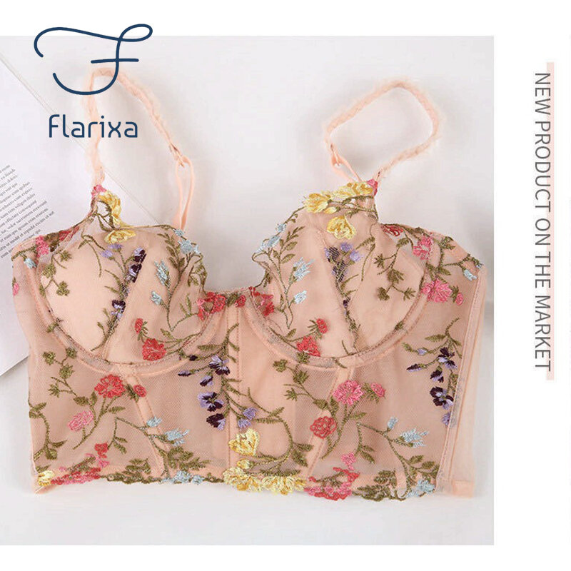 Flarixa 2022 French Floral Embroidery Lingerie Top Sexy Lace Bra invisible Push Up Bra For Women's Tube Top Transparent Bralette