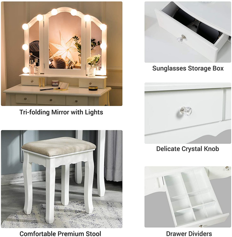 Ensemble de Table de vanité à 3 tiroirs, miroir pliant, avec 10 LED, lumière et tabouret de coussin