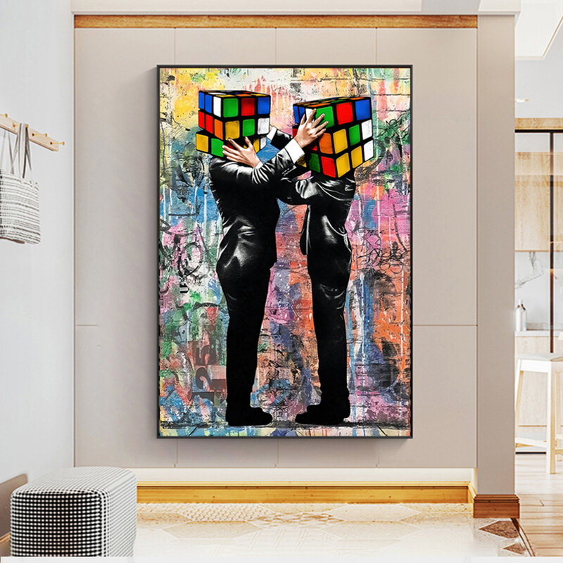현대 낙서 추상 루빅 큐브 헤드 캔버스 회화 및 포스터 인쇄 벽 예술 그림 거실 장식 홈 장식