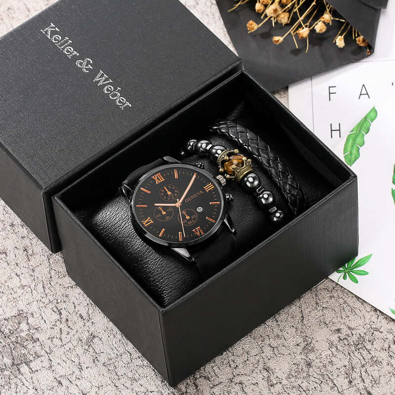Os homens Assistir Jogo Do Presente 3 Peças De Couro Relógios Pulseira de Relógios de Luxo Quartz Relógio de Pulso Para O Homem Masculino Relógio Relogio masculino