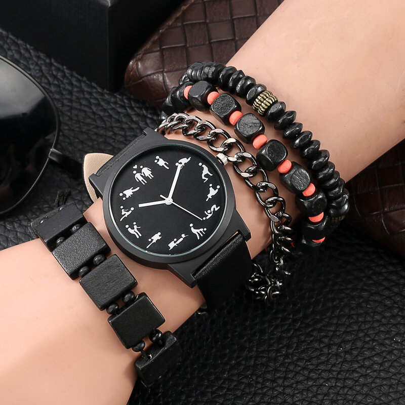 5 Stuks Horloge Armband Gift Set Voor Mannen Grappige Wijzerplaat Quartz Horloge Fashion Casual Zaken Wirstwatch Relogio Masculino