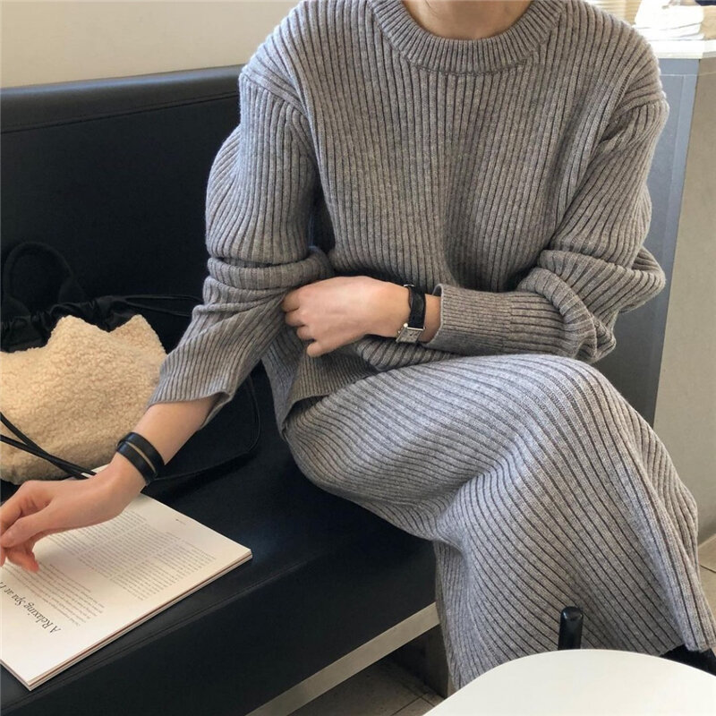 Two Piece Set Pullover Sweater Knitted Sets Women High Waist  Straight Skirt Suit Spring Clothes