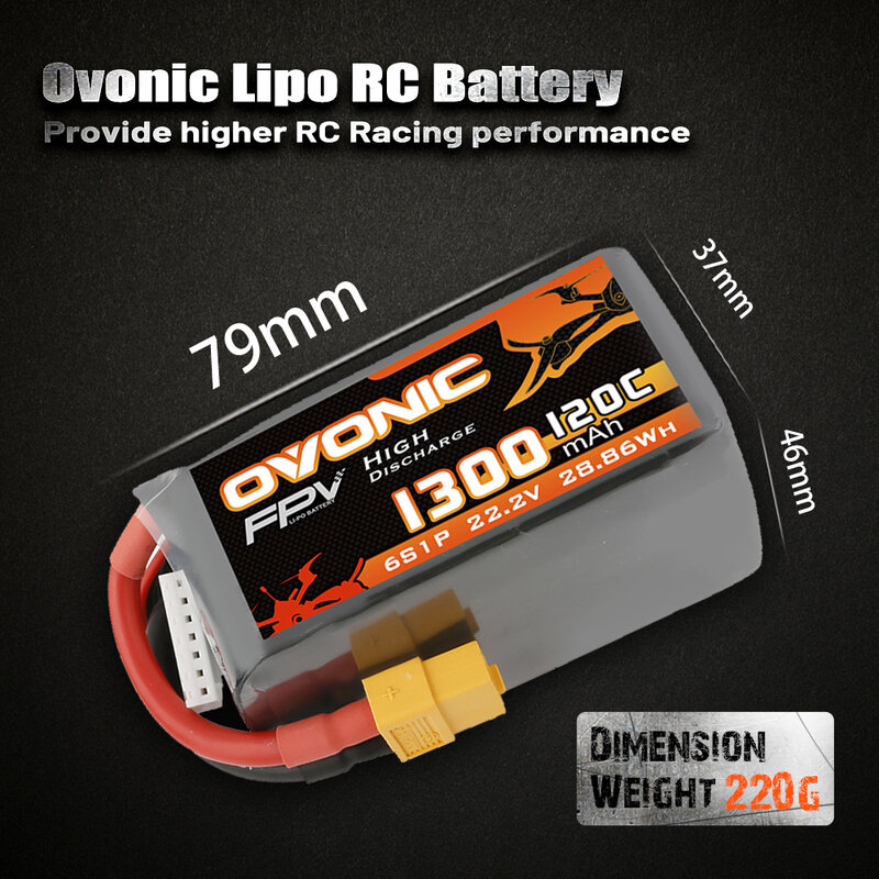 Batteria LiPo Ovonic 120C 6S 1300mAh 22.2V con spina XT60 per FPV Racing
