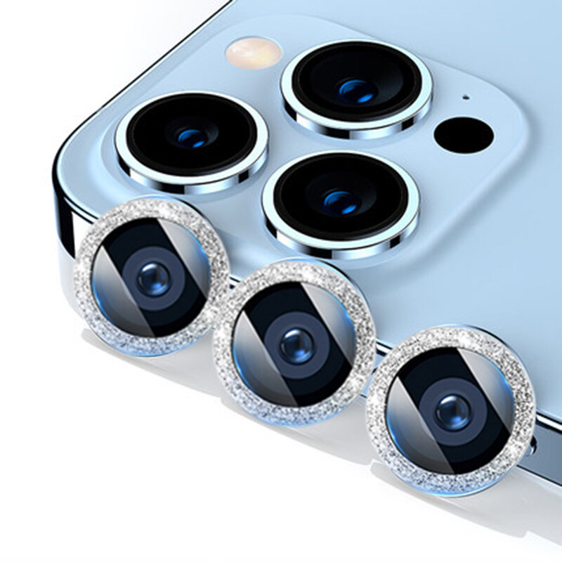 Camera Lens Protector For iPhone 13 12 11 Pro Max Mini Round Shape Starry Sky Metal Ring Lens HD Tempered Glass Combination Set