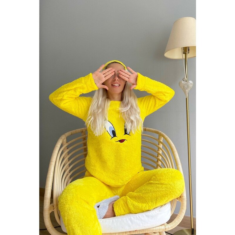 Vrouwen Geel Vogel Patroon Volledige Pluche Pyjama Set Comfortabele Zachte Geweven Nieuwe Mode Stijl Elegante Kwaliteit