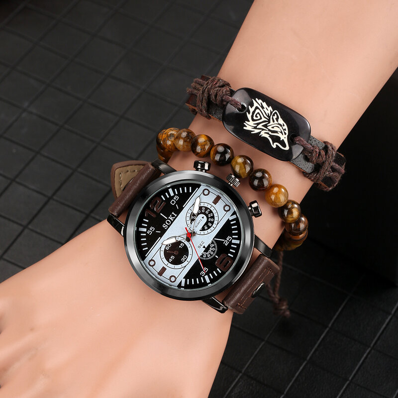 Reloj de pulsera de cuero para hombre, cronógrafo de cuarzo, deportivo, Steampunk, de negocios, 3 piezas