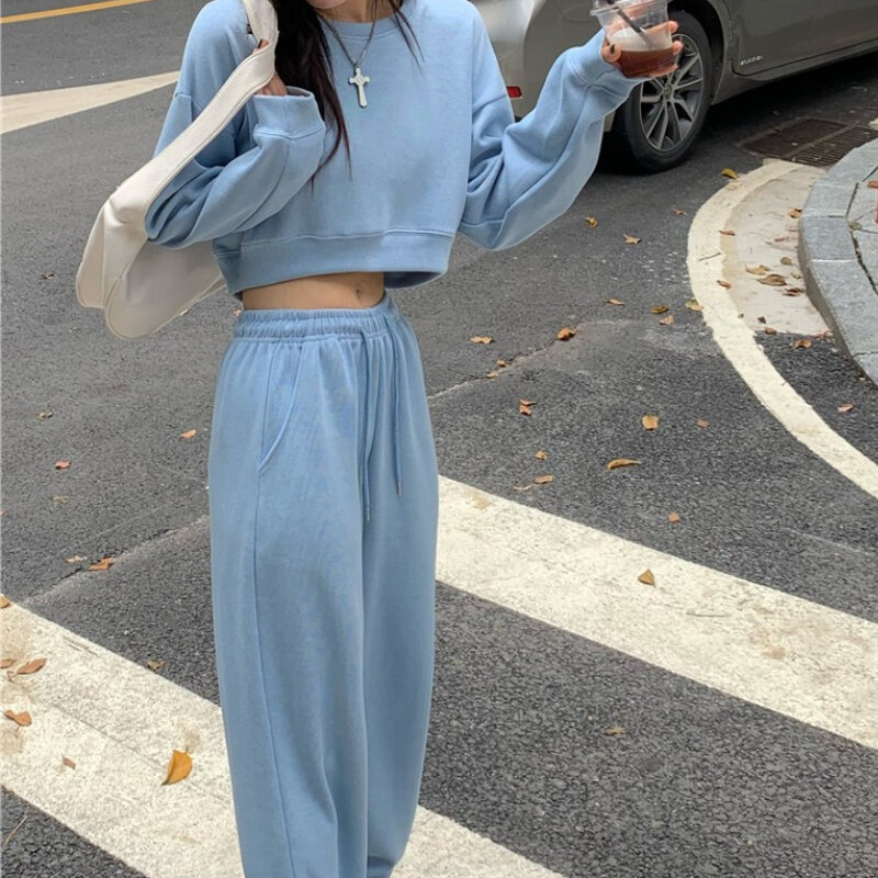 Feminino casual solto agasalho manga longa camisola curta + elástico de cintura alta sweatpant 2 peça conjunto moda streetwear outfits