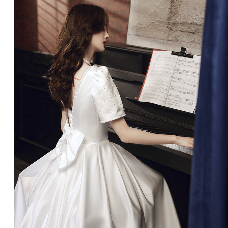 ETESANSFIN  Pure Girls’ Summer White-Satin-High Waist Evening/Banquet/Certificate/Birthday  Temperament Skirt
