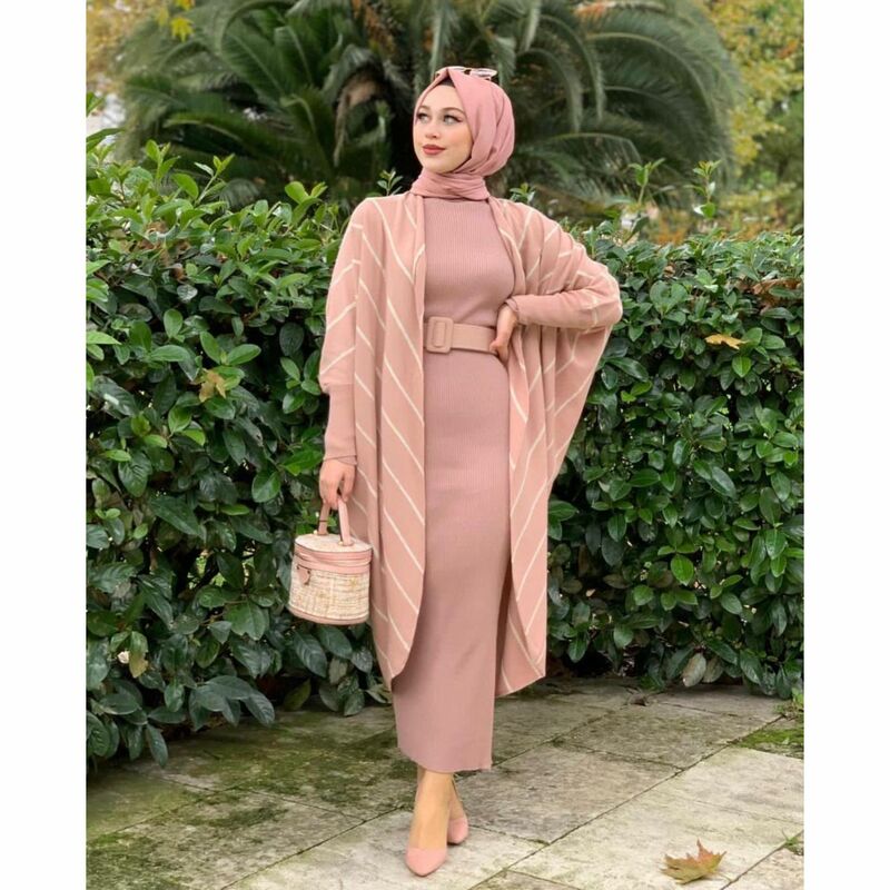 이슬람 여성용 투피스 니트웨어 드레스 세트, 배트윙 스트라이프 패턴 가디건 및 긴팔 터틀넥 롱 드레스 세트, 터키