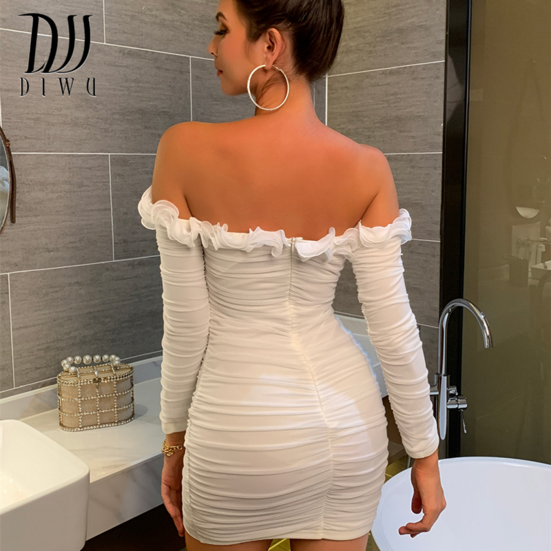 Diwu sexy bodycon vestido fora do ombro vestido de festa 2022 feminino plissado mini vestido bodycon magro manga longa vestido branco para mulher