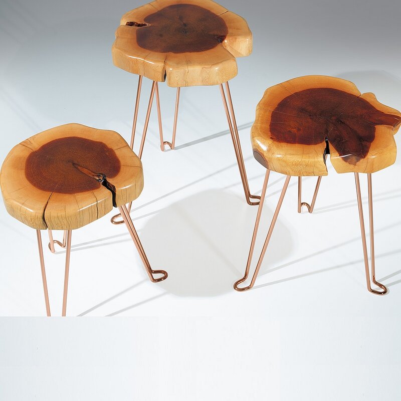 TABLE basse en bois de genièvre véritable, forme naturelle, ensemble de trois pieds en cuivre plaqué