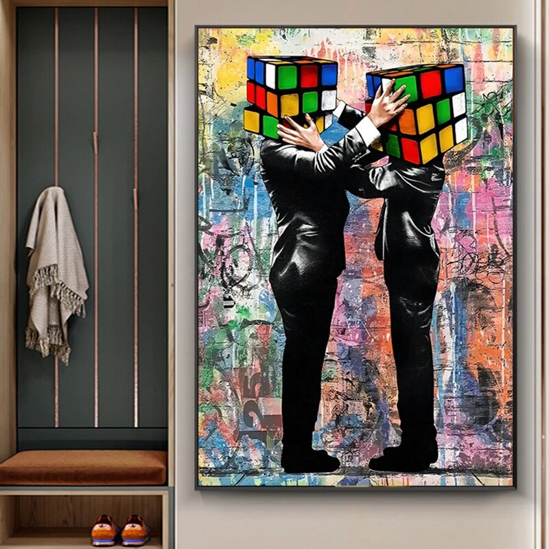 Pintura en lienzo con cabeza de cubo de Rubik, impresiones de grafiti moderno abstracto, imágenes artísticas de pared para decoración del hogar y sala de estar