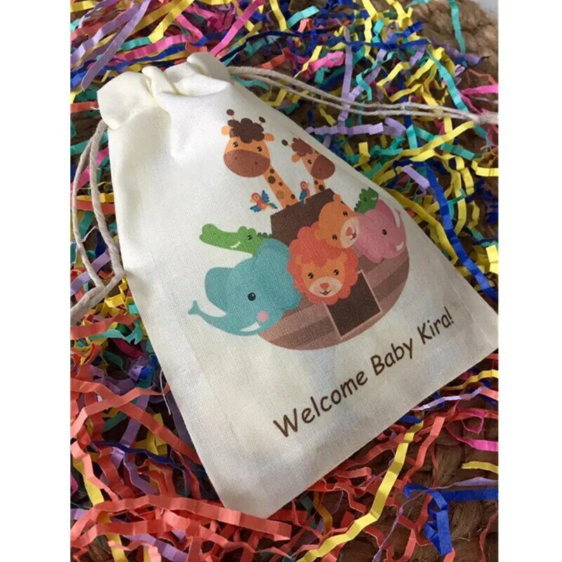 Bolsa de lembrancinhas de chá de bebê, saco de presente personalizado de aniversário com tema de animal, bolsa para festa, batismo, cordão, musselina, bem-vinda