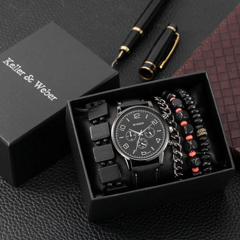 Relógios masculinos pulseira presente conjunto casual negócios pulseira de couro relógio de quartzo relógio de pulso elegante com caixa de presente relogio masculino