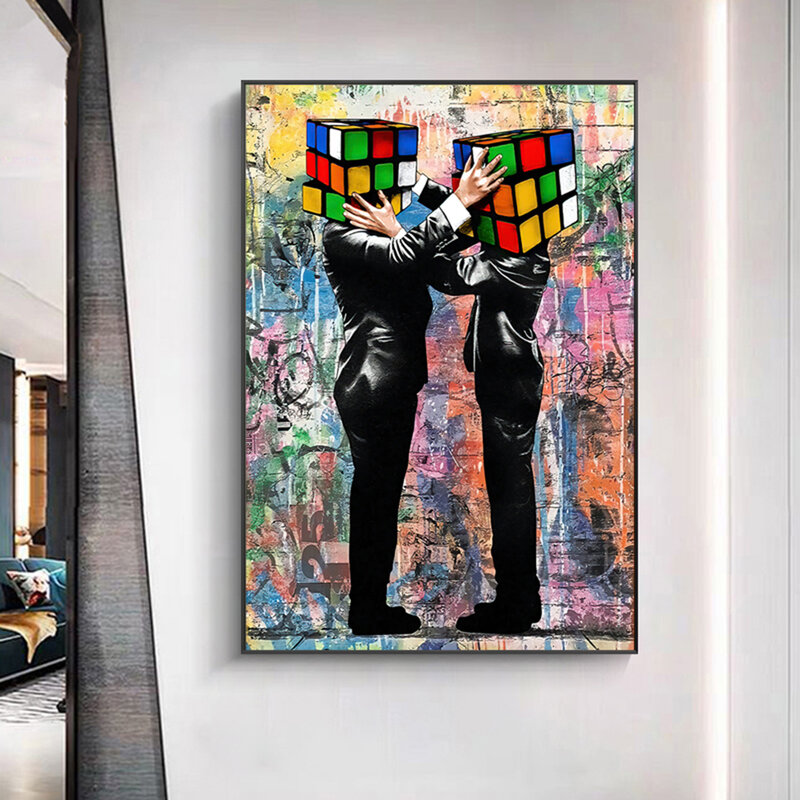 Modern Graffiti บทคัดย่อ Rubik 'S Cube Head ภาพวาดผ้าใบและโปสเตอร์พิมพ์ภาพผนังศิลปะสำหรับห้องนั่งเล่นตกแต่งบ้...