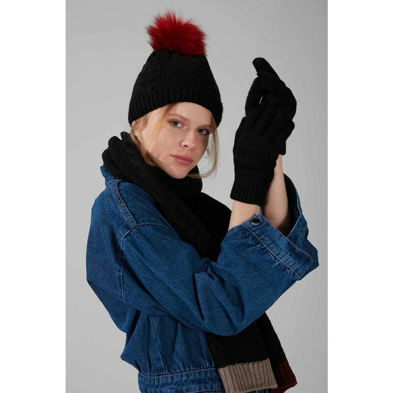 Szalik beanie zestaw rękawic kobiety wiosna jesień moda elegancki prosty nowoczesny styl akrylowy zimowy kombin czarny