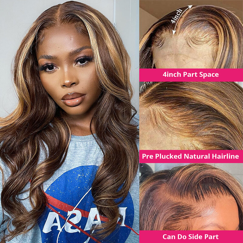 Perruque Lace Front Wig naturelle Remy, cheveux humains ondulés, 13x4, 4x4, pre-plucked, épais, 34 pouces, à reflets bruns, blond miel