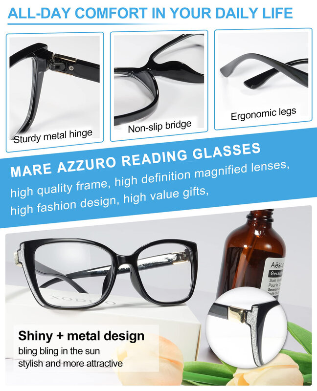 Mare azzuro óculos de leitura de grandes dimensões mulheres moda marca designer gato olho presbiopia óculos glitter leitores 1.0 1.5 2.0 2.5
