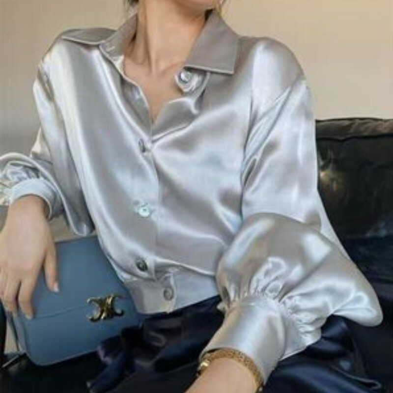 Maglietta da donna Casual in raso di seta con maniche a lanterna camicia Slim allentata monopetto moda stile coreano Tee