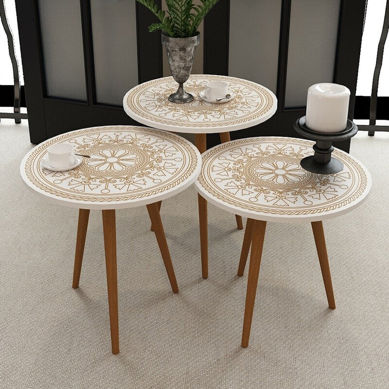 3 Pieces Coffee Table Tea Coffee Service Table Round Living Room Nightstand, Patterned Coffee Table Large Presentation Table